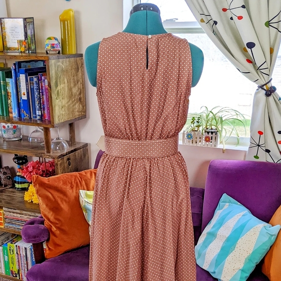 Pretty Woman Polka Dot Dress Vintage 1980s Wide Belt Swing Retro Brown & White - Picture 5 of 8